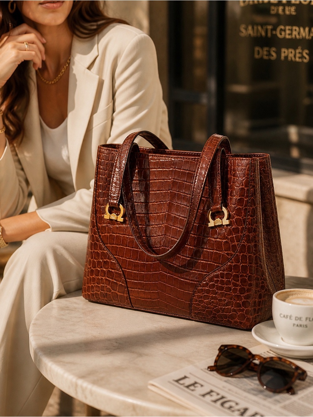 Salvatore Ferragamo Croc Embossed Leather Tote | Gancini Hardware | Italy